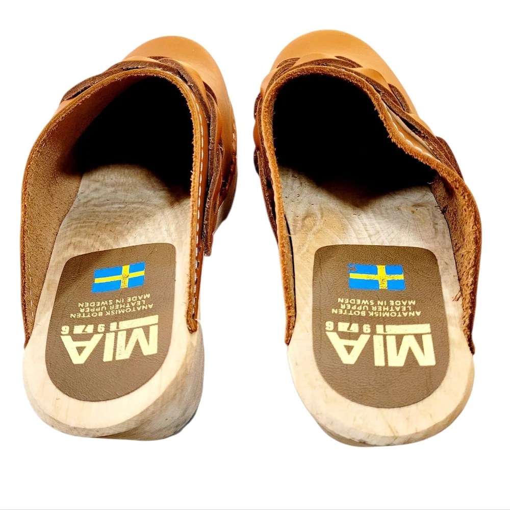 MIA Sweden ELSA Leather Heeled Clogs Mules In Luggage Brown Braided Detail 8 - Picture 13 of 14